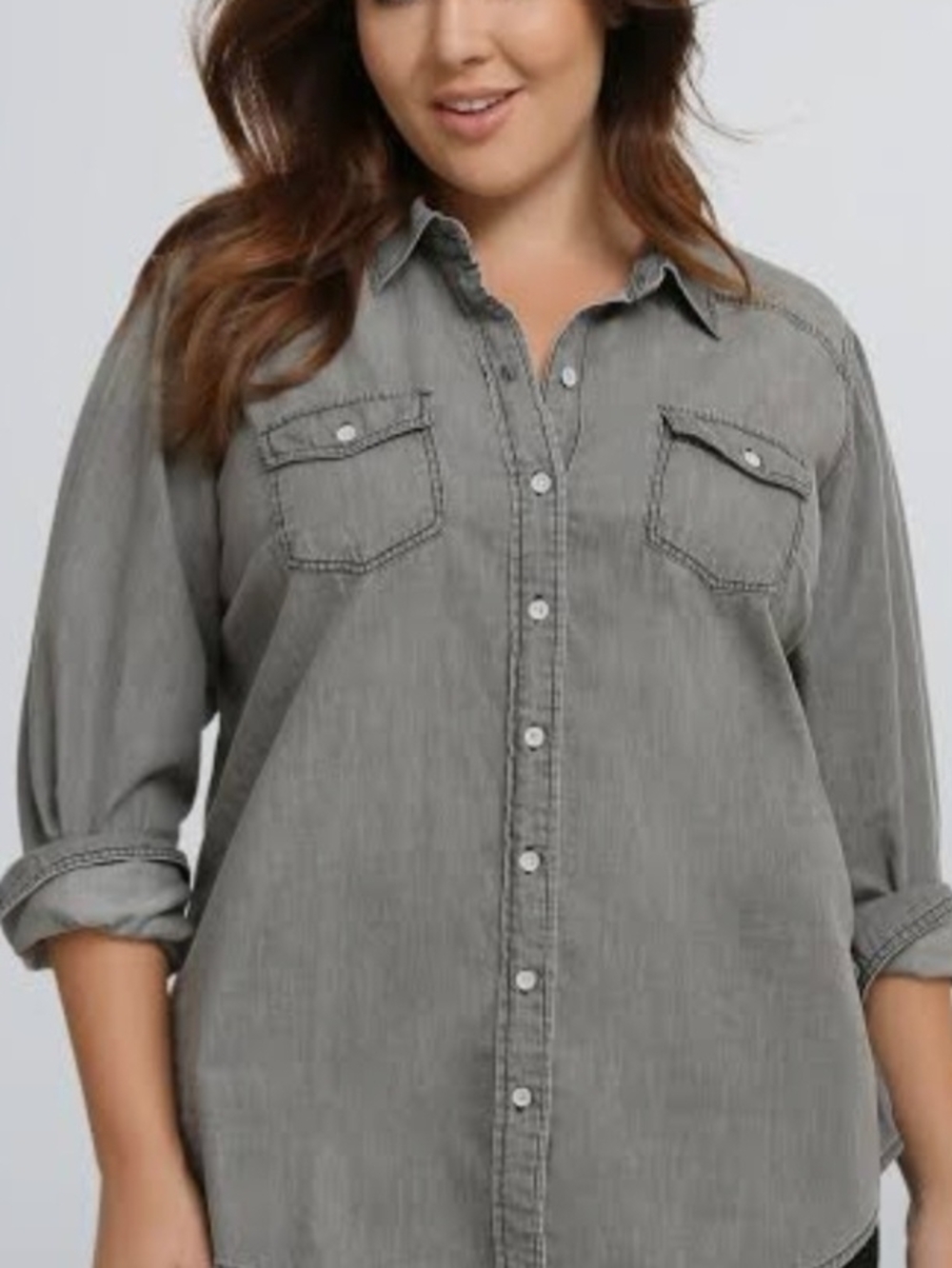 Torrid Button-Front Long Sleeve Studded Grey Denim Shirt